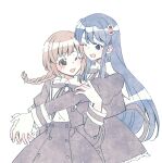  2girls ;d arm_at_side assault_lily bangs black_ribbon black_skirt blue_eyes blue_hair blush braid bright_pupils brown_eyes brown_hair buttons cropped_jacket flower frilled_skirt frills hair_flower hair_ornament hand_on_another&#039;s_arm hand_up heads_together high-waist_skirt highres hug hug_from_behind interlocked_fingers jewelry long_hair looking_at_another looking_to_the_side low_twin_braids low_twintails medium_hair miniskirt multiple_girls neck_ribbon one_eye_closed open_mouth outstretched_arms own_hands_together ribbon ring rokkaku_shiori school_uniform shiny shiny_hair shirt sidelocks simple_background skirt smile sorato_(astllatte) standing taniguchi_hijiri twin_braids twintails very_long_hair white_background white_flower white_pupils white_shirt yuri yurigaoka_girls_academy_school_uniform 
