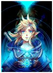  1boy blonde_hair blue_tunic earrings fingerless_gloves gloves highres holding hood hood_down jewelry link male_focus medium_hair parted_lips pointy_ears ponytail sidelocks solo sword tak_(karasuki) the_legend_of_zelda the_legend_of_zelda:_breath_of_the_wild upper_body weapon weapon_on_back wide-eyed 