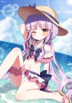  1girl arm_behind_head arm_up bikini blue_sky blush bow brown_eyes brown_footwear brown_headwear cloud commentary_request day frilled_bikini frills hat hat_bow highres horizon knee_up kyouka_(princess_connect!) long_hair looking_at_viewer low_twintails mauve navel ocean outdoors pointy_ears princess_connect! purple_bow purple_hair sandals shallow_water sitting sky solo swimsuit twintails twitter_username very_long_hair water white_bikini 