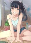  1girl akira_tooru bangs bare_arms barefoot black_hair blue_shorts blunt_bangs bottle breasts brown_eyes cleavage collarbone electric_fan feet food fruit grin hair_ribbon highres indian_style long_hair looking_at_viewer original plate ponytail ramune ribbon short_shorts shorts simple_background sitting small_breasts smile solo strap_slip summer tank_top teeth toes watermelon watermelon_slice wooden_floor 