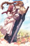  012_usagi 1boy 1girl aerith_gainsborough armor bandaged_arm bandages bangle bangs belt blonde_hair blue_eyes blue_pants blue_shirt blush boots bracelet braid braided_ponytail breasts brown_footwear brown_hair buster_sword carrying character_name choker cleavage closed_eyes cloud cloud_strife cloudy_sky couple cropped_jacket dated dress earrings falling_petals field final_fantasy final_fantasy_vii final_fantasy_vii_remake flower flower_choker flower_field forehead-to-forehead full_body hair_ribbon hand_on_another&#039;s_shoulder happy_birthday heads_together highres jacket jewelry long_dress long_hair looking_at_another lower_teeth medium_breasts multiple_belts open_mouth outdoors pants parted_bangs petals pink_dress pink_ribbon red_jacket ribbon shirt short_hair short_sleeves shoulder_armor sidelocks single_earring sky sleeveless sleeveless_turtleneck smile spiked_hair suspenders teeth turtleneck upper_body weapon weapon_on_back 