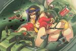 1girl bob_cut breasts can cardigan cigarette cleavage coca-cola cockpit cowboy_bebop drinking_straw edwin_huang english_commentary faye_valentine front-tie_top green_eyes hairband medium_breasts o-ring off_shoulder open_cardigan open_clothes orange_hairband piloting pink_thighhighs poker_chip purple_hair red_cardigan short_hair short_shorts shorts smoking soda_can solo_focus space spacecraft starfighter suspender_shorts suspenders swordfish_ii thighhighs yellow_shorts zero_gravity 