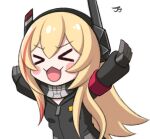  &gt;_&lt; 1girl bangs black_gloves black_jacket blonde_hair blush blush_stickers closed_eyes commentary_request girls&#039;_frontline gloves grey_background hair_between_eyes headgear jacket jjuwaap long_hair long_sleeves m4_sopmod_ii_(girls&#039;_frontline) multicolored_hair open_mouth outstretched_arms red_hair sidelocks simple_background smile solo streaked_hair upper_body 