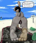 3_toes anthro anus beach blush bodily_fluids butt canid canine canis cherrufox clothing detailed_background dirty_feet domestic_dog embarrassed emo english_text feet female fish_(cherrufox) flip_flops footwear fur genitals hair hi_res humanoid_feet jesse_&quot;fact_dog&quot;_(the_fact_dog) lagomorph leporid looking_back mammal nude outside pubes pussy rabbit sandals sea seaside sky soles solo sweat text toes towel water wrinkled_feet 