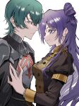  1boy 1girl absurdres armor artist_request asymmetrical_clothes bangs breasts byleth_(fire_emblem) byleth_(fire_emblem)_(male) cape choker cleavage closed_mouth fire_emblem fire_emblem:_three_houses fire_emblem_warriors:_three_hopes garreg_mach_monastery_uniform hair_bun hair_over_one_eye highres large_breasts long_hair medium_hair purple_eyes purple_hair shez_(fire_emblem) shez_(fire_emblem)_(female) simple_background single_hair_bun smile 