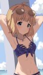  anchor_necklace armpits bare_arms bare_shoulders bikini blue_eyes brown_hair commentary_request ebifu eyewear_on_head highres idolmaster idolmaster_million_live! jewelry looking_at_viewer navel necklace short_hair stomach sunglasses suou_momoko swimsuit upper_body 