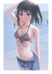  1girl arm_behind_head bikini blue_shorts breasts brown_eyes commentary_request cowboy_shot cutoffs denim denim_shorts front-tie_top grey_bikini highres kantai_collection looking_at_viewer sakieko sendai_(kancolle) short_hair shorts small_breasts solo swimsuit two_side_up 