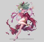  1girl bangs bare_legs bracelet breasts brooch commentary_request crown dragonstone dress fire_emblem fire_emblem_awakening fire_emblem_heroes full_body green_eyes green_hair grey_background hair_ribbon jewelry long_hair looking_at_viewer official_art p-nekor pink_dress pointy_ears ponytail red_ribbon red_sash ribbon sash shawl shoes short_dress sideboob sidelocks simple_background sleeveless sleeveless_dress solo thighs tiki_(fire_emblem) torn_clothes 