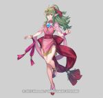  1girl bangs bare_legs bracelet brooch commentary_request crown dragonstone dress fire_emblem fire_emblem_awakening fire_emblem_heroes full_body green_eyes green_hair grey_background grin hair_ribbon jewelry long_hair looking_at_viewer official_art p-nekor pink_dress pointy_ears ponytail red_ribbon red_sash ribbon sash shawl shoes short_dress sidelocks simple_background sleeveless sleeveless_dress smile solo thighs tiki_(fire_emblem) 