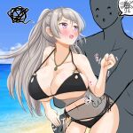  1boy 1girl abyssal_ship bare_arms bare_legs bare_shoulders beach bikini black_bikini blush breasts cleavage collarbone conte_di_cavour_(kancolle) cowboy_shot day enemy_naval_mine_(kancolle) grey_hair highres kantai_collection large_breasts long_hair navel ocean open_mouth purple_eyes sosser swimsuit 