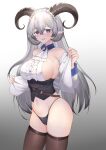  1girl absurdres anchundddd blue_eyes blush breasts corset demon_girl demon_horns highres horns large_breasts long_hair looking_at_viewer north_yuka open_mouth panties pointy_ears project-sp sleeveless smile solo thighhighs underwear white_hair 