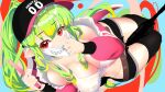  1girl absurdres assault_rifle baseball_cap between_thighs black_shorts black_thighhighs borrowed_character breasts choker commission covered_mouth elf glowstick green_choker green_hair green_panties gun hat highleg highleg_panties highres jacket large_breasts legs_together linnaea_(silviathepony) long_hair looking_at_viewer mask mask_pull mole mole_on_breast mouth_mask no_bra off_shoulder open_clothes open_fly open_jacket open_shorts oppose original panties pink_jacket pointy_ears ponytail red_eyes rifle shirt shorts solo tank_top thighhighs twisted_torso underwear very_long_hair weapon wet wet_clothes wet_shirt white_tank_top 