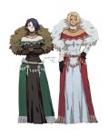  2girls 91007 alternate_costume bare_shoulders belt black_dress black_gloves black_hair blonde_hair catherine_(fire_emblem) commentary_request crossed_arms dark_skin dress feather_boa fire_emblem fire_emblem:_three_houses full_body fur-trimmed_sleeves fur_collar fur_trim gloves hand_on_hip highres jewelry long_sleeves looking_at_viewer multiple_girls necklace off-shoulder_dress off_shoulder purple_eyes shamir_nevrand short_hair simple_background standing white_background white_dress 