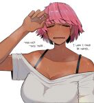  1girl blush collarbone hot off-shoulder_shirt off_shoulder ohasi original pink_hair saliva shirt short_hair simple_background solo spaghetti_strap steaming_body sweat white_background 