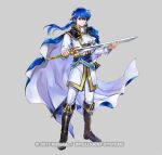 1boy armor ascot bangs belt black_footwear blue_belt blue_cape blue_eyes blue_hair boots cape cosplay fire_emblem fire_emblem:_genealogy_of_the_holy_war fire_emblem_heroes full_body grey_background hair_between_eyes headband holding holding_sword holding_weapon jacket light_smile long_hair long_sleeves looking_at_viewer low_ponytail male_focus official_art pants scabbard seliph_(fire_emblem) sheath shoulder_armor sigurd_(fire_emblem) sigurd_(fire_emblem)_(cosplay) simple_background solo standing sword tyrfing_(fire_emblem) wada_sachiko weapon white_ascot white_jacket white_pants 