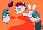  2022 anthro belly big_belly black_nose canid canine canis clothing eggplant food fruit gokrakstyle hat headgear headwear hi_res humanoid_hands kemono male mammal orange_background overweight overweight_male plant shirt simple_background solo tongue tongue_out topwear wolf 