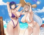  2girls absurdres armpits arms_up bangs beach bikini braid braided_ponytail breasts choker cleavage curvy eyewear_on_head genshin_impact green_eyes hat highleg highleg_bikini highres huge_breasts lips long_hair looking_at_viewer mole mole_on_breast multiple_girls navel outdoors plump purple_bikini purple_eyes purple_hair purple_lips puzenketsu shenhe_(genshin_impact) short_hair skindentation splashing sun_hat sunglasses swimsuit thick_thighs thighs water white_bikini white_hair yelan_(genshin_impact) 