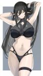  1girl absurdres armpits arms_up bangs bikini black_bikini black_hair breasts earrings green_eyes halterneck hands_in_hair highres indie_virtual_youtuber jewelry large_breasts layna_lazar long_hair looking_at_viewer maruyaa_(malya1006) messy_hair navel pointy_ears skindentation solo swimsuit thick_thighs thigh_strap thighs 