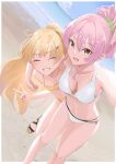  2girls ^_^ ^o^ absurdres beach bikini blonde_hair breasts cleavage closed_eyes collarbone dutch_angle grin hair_between_eyes halterneck highres idolmaster idolmaster_cinderella_girls jougasaki_mika jougasaki_rika long_hair looking_at_viewer medium_breasts multi-strapped_bikini multiple_girls navel pink_hair ponytail ryus sandals selfie siblings sisters smile swimsuit v very_long_hair white_bikini yellow_bikini 