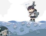  2girls abyssal_ship ahoge black_hair blue_sailor_collar blue_skirt commentary_request jellyfish kantai_collection long_hair multiple_girls open_mouth partially_underwater_shot pleated_skirt saiguchi_otoufu sailor_collar school_uniform serafuku simple_background skirt standing standing_on_liquid ushio_(kancolle) white_background wo-class_aircraft_carrier 