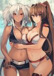  2girls ass_visible_through_thighs asymmetrical_docking belt bikini bikini_shorts black_bikini black_nails blurry blurry_background breast_press breasts cleavage closed_mouth collarbone dark_skin day flower glasses hair_flower hair_intakes hair_ornament hand_on_hip highres kantai_collection kasumi_(skchkko) large_breasts long_hair looking_at_viewer multiple_girls musashi_(kancolle) navel official_alternate_costume outdoors parted_lips ponytail red_bikini red_eyes shorts sidelocks smile swimsuit twintails two-tone_bikini very_long_hair white_belt white_bikini yamato_(kancolle) 