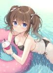  1girl :o ass bangs bikini black_bikini blue_eyes blush bow breasts brown_hair cleavage commentary_request cup disposable_cup drinking_straw hair_between_eyes hair_bow hair_ornament hairclip highres holding holding_cup innertube looking_at_viewer medium_breasts miyasaka_miyu original parted_lips partially_submerged side-tie_bikini sidelocks solo swimsuit twintails water wet white_bow x_hair_ornament 