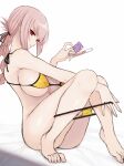  1girl bangs bare_shoulders bikini bikini_pull braid braided_ponytail breasts cleavage clothes_pull cocq_taichou condom condom_wrapper covered_nipples fate/grand_order fate_(series) florence_nightingale_(chaldea_lifesavers)_(fate) florence_nightingale_(fate) folded_ponytail large_breasts long_hair looking_at_viewer pink_hair red_eyes sitting solo swimsuit yellow_bikini 