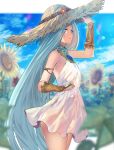  1girl arm_up bare_shoulders blue_eyes blue_hair blue_sky bridal_gauntlets closed_mouth cowboy_shot day dress flower from_side granblue_fantasy grey_headwear hat long_hair looking_at_viewer looking_to_the_side lyria_(granblue_fantasy) outdoors reki_(dezuko) sky sleeveless sleeveless_dress smile solo straight_hair straw_hat sunflower very_long_hair white_dress 