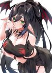  1girl :o animal_ears arm_under_breasts bare_shoulders bat_ears bat_wings black_hair breasts choker cleavage collar crop_top green_eyes hand_to_own_mouth highres indie_virtual_youtuber kasumi_komo large_breasts layna_lazar leaning_forward looking_at_viewer pointy_ears ponytail skirt solo spiked_collar spikes wings 