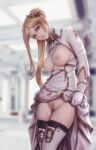  1girl asymmetrical_hair black_thighhighs blonde_hair blurry blurry_background boots breasts breasts_out cleft_of_venus closed_mouth clothes_lift female_pubic_hair gloves green_eyes hair_ornament highres large_breasts lifted_by_self long_hair long_sleeves looking_at_viewer nier_(series) nier_automata nipples personal_ami ponytail pubic_hair pussy solo thighhighs thighhighs_under_boots white_gloves yorha_commander 