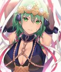  1girl armpits arms_up breasts byleth_(fire_emblem) byleth_(fire_emblem)_(female) cleavage elbow_gloves fire_emblem fire_emblem:_three_houses gloves green_eyes green_hair hair_ornament haru_(nakajou-28) highres looking_at_viewer medium_hair ribbon solo upper_body 