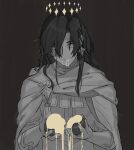  1boy apple armor black_background brown_eyes cloak constantine_xi_(fate) curtained_hair dripping earrings fate/grand_order fate_(series) food fruit gloves greyscale hair_between_eyes halo highres holding holding_food holding_fruit huzishiro jewelry liquid liquid_from_mouth long_hair looking_at_viewer male_focus monochrome sanpaku simple_background solo spot_color tassel upper_body 