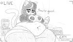  anthro belly big_breasts black_eyelashes black_eyeshadow black_hair bodily_fluids bottle box breasts camera catti_(deltarune) cereal_box closed_frown clothing container deltarune dessert dipsheet domestic_cat doughnut doughnut_box ear_piercing english_text exposed_belly eyelashes eyeshadow felid feline felis female food frown hair hand_behind_head hi_res highlights_(coloring) holding_bottle holding_object huge_hips huge_thighs legwear livestream long_tail looking_at_viewer makeup mammal milk_bottle monochrome navel overweight overweight_female piercing short_hair sitting solo steam sweat sweaty_belly sweaty_legs sweaty_thighs text thick_eyelashes thick_thighs thigh_highs undertale_(series) video_games whiskers wide_hips 