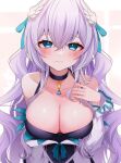  1girl aqua_ribbon black_choker blue_eyes blush breasts choker cleavage closed_mouth collarbone commentary_request copyright_request detached_sleeves hair_ribbon highres large_breasts light_smile long_hair looking_at_viewer namagome_negi purple_hair ribbon smile solo upper_body white_sleeves 