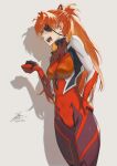  1girl annoyed bangs blue_eyes bodysuit breasts commentary evangelion:_3.0_you_can_(not)_redo eyepatch fadingz hair_ornament hand_on_hip highres long_hair medium_breasts neon_genesis_evangelion open_mouth orange_hair pilot_suit plugsuit rebuild_of_evangelion red_bodysuit simple_background solo souryuu_asuka_langley standing twintails 