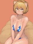  1girl :/ absurdres animal_ears between_legs bikini blonde_hair blush breasts chanta_(ayatakaoisii) closed_mouth commentary_request fox_ears fox_tail hand_between_legs highres navel nose_blush pink_background short_hair side-tie_bikini simple_background sitting solo sweat swimsuit tail touhou yakumo_ran 