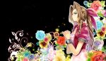  1girl aerith_gainsborough bangle bangs black_background blue_flower bracelet braid braided_ponytail breasts brown_hair cleavage cropped_jacket dress final_fantasy final_fantasy_vii floral_background flower green_eyes hair_ribbon jacket jewelry looking_to_the_side medium_breasts own_hands_clasped own_hands_together parted_bangs pink_dress pink_ribbon puffy_short_sleeves puffy_sleeves red_flower red_jacket ribbon shiawase_usagi short_sleeves sidelocks solo upper_body yellow_flower 