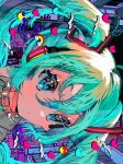  absurdres aqua_hair bangs blonde_hair blue_eyes blue_heart building choker city close-up closed_mouth collared_shirt grey_shirt hair_ornament hatsune_miku headset heart highres long_hair looking_away mixed-language_text momae_makku multicolored_hair night night_sky pink_heart rainbow shirt sky spiked_choker spikes translation_request twintails two-tone_hair vocaloid 