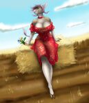  anthro big_breasts bovid bovine breasts cattle clothed clothing countryside curvy_figure day dress female fully_clothed green_eyes hair hay hi_res hikaruthewolf hooves horn light mammal outside pink_hair sketch solo sunlight 