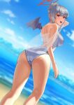  1girl :d ass atatatamu bangs bare_shoulders black_wings blue_archive blunt_bangs breasts casual_one-piece_swimsuit dutch_angle feet_out_of_frame from_behind grey_hair hair_bun halo haruna_(blue_archive) highres large_breasts looking_at_viewer looking_back ocean one-piece_swimsuit open_mouth red_eyes see-through short_hair single_hair_bun single_wing smile solo standing swimsuit thighs water white_swimsuit wings 