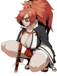  1girl amputee baiken big_hair bonkiru breasts cleavage eyepatch facial_tattoo guilty_gear guilty_gear_strive highres japanese_clothes katana kimono large_breasts long_hair one-eyed open_clothes open_kimono pink_hair ponytail scar scar_across_eye scar_on_face solo sword tattoo weapon 