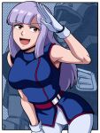  1girl :d bangs blunt_bangs breasts brown_eyes cleavage commentary_request gloves gundam gundam_zz highres korean_commentary leaning_forward long_hair looking_at_viewer mecha medium_breasts open_mouth purple_hair robot roux_louka smile solo spit_(takethestrain) swept_bangs white_gloves 