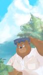  2022 absurd_res anthro belly big_belly black_nose blue_eyes brown_body clothing cloud en_1_9 hi_res humanoid_hands kemono male mammal outside overweight overweight_male plant raining shirt solo topwear tree ursid wet wet_clothing wet_shirt wet_topwear 