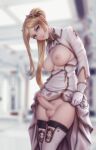  1girl asymmetrical_hair black_thighhighs blonde_hair blurry blurry_background boots breasts breasts_out closed_mouth clothes_lift erection futanari gloves green_eyes hair_ornament highres large_breasts lifted_by_self long_hair long_sleeves looking_at_viewer nier_(series) nier_automata nipples penis personal_ami ponytail solo testicles thighhighs thighhighs_under_boots uncensored white_gloves yorha_commander 