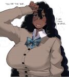  1girl black_hair blush cardigan dark-skinned_female dark_skin english_text glasses green_eyes lip_piercing long_hair looking_at_viewer ohasi original piercing school_uniform shirt simple_background solo steaming_body sweat uniform white_background 