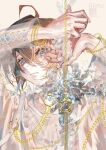  1boy absurdres androgynous blue_eyes brown_hair chain closed_mouth expressionless gold_chain haru_(yckd5728) highres jewelry long_sleeves looking_at_viewer looking_down male_focus original see-through see-through_sleeves shirt short_hair solo white_background white_shirt white_theme 
