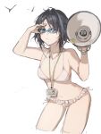  1girl arknights bikini black_hair breasts cleavage duya_(ehouhouohahaha) goggles hand_up hands_up highres id_card jewelry la_pluma_(arknights) la_pluma_(summer_flowers)_(arknights) lanyard looking_at_viewer medium_breasts megaphone navel necklace official_alternate_costume short_hair simple_background solo stomach swimsuit white_background white_bikini 