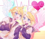  1boy 1girl 89_(8989_99) angel_wings ascot bangs bare_shoulders black_sailor_collar blonde_hair blue_eyes bow cardiogram detached_sleeves dutch_angle electric_angel_(vocaloid) feathered_wings feathers hair_bow hair_ornament hairclip hands_on_own_chest heart heart-shaped_pupils highres kagamine_len kagamine_rin neckerchief necktie pink_feathers pink_wings sailor_collar sailor_shirt shirt short_ponytail short_sleeves single_wing sleeveless sleeveless_shirt swept_bangs symbol-shaped_pupils upper_body vocaloid white_bow white_feathers white_shirt white_wings wide_sleeves wings yellow_nails yellow_neckerchief 