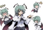  :d :o antenna_hair bangs black_cape black_pants blush cape clenched_hands closed_mouth flying_sweatdrops green_hair hidefu_kitayan highres juliet_sleeves lightning_bolt_symbol long_sleeves looking_at_viewer multiple_views open_mouth pants puffy_sleeves shirt short_hair simple_background smile touhou v_arms white_background white_shirt wriggle_nightbug 