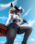  absurd_res anthro argiopa blizzard_entertainment breasts canid canine clothed clothing dominant dominant_female eyewear female fennec fox glasses go_to_horny_jail hardmeow hat headgear headwear hi_res leggings legwear looking_at_viewer low-angle_view mace mammal melee_weapon meme open_clothing open_shirt open_topwear shirt solo spread_legs spreading thick_thighs topwear video_games vulpera warcraft weapon 